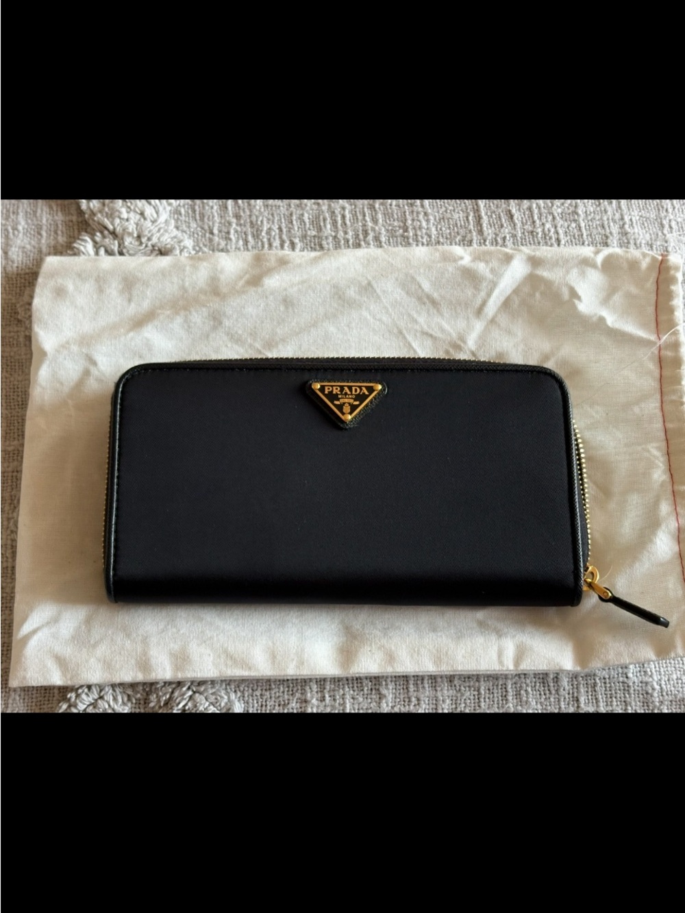 Prada Black Leather Zip Wallet with Gold Triangle Logo